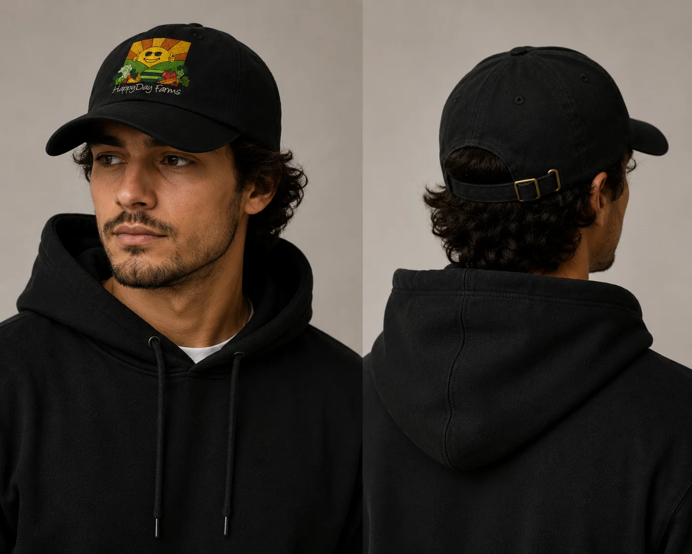 Black HappyDay Farms dad cap on body