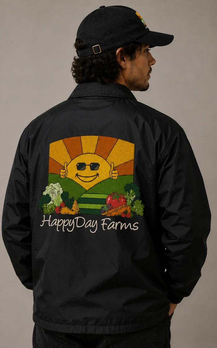 Black HappyDay Farms coach jacket back