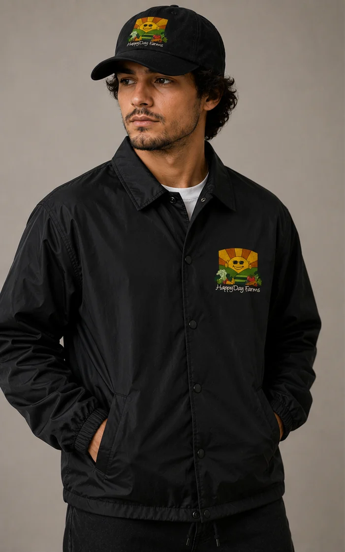 Black HappyDay Farms coach jacket front