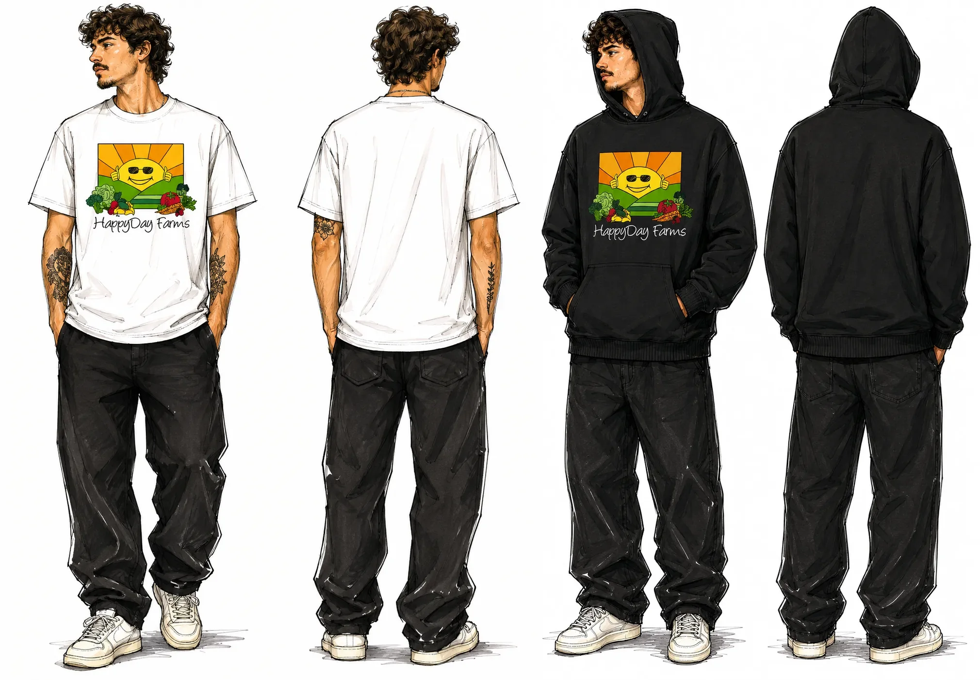 Illustrated HappyDay Farms tee and hoodie concepts