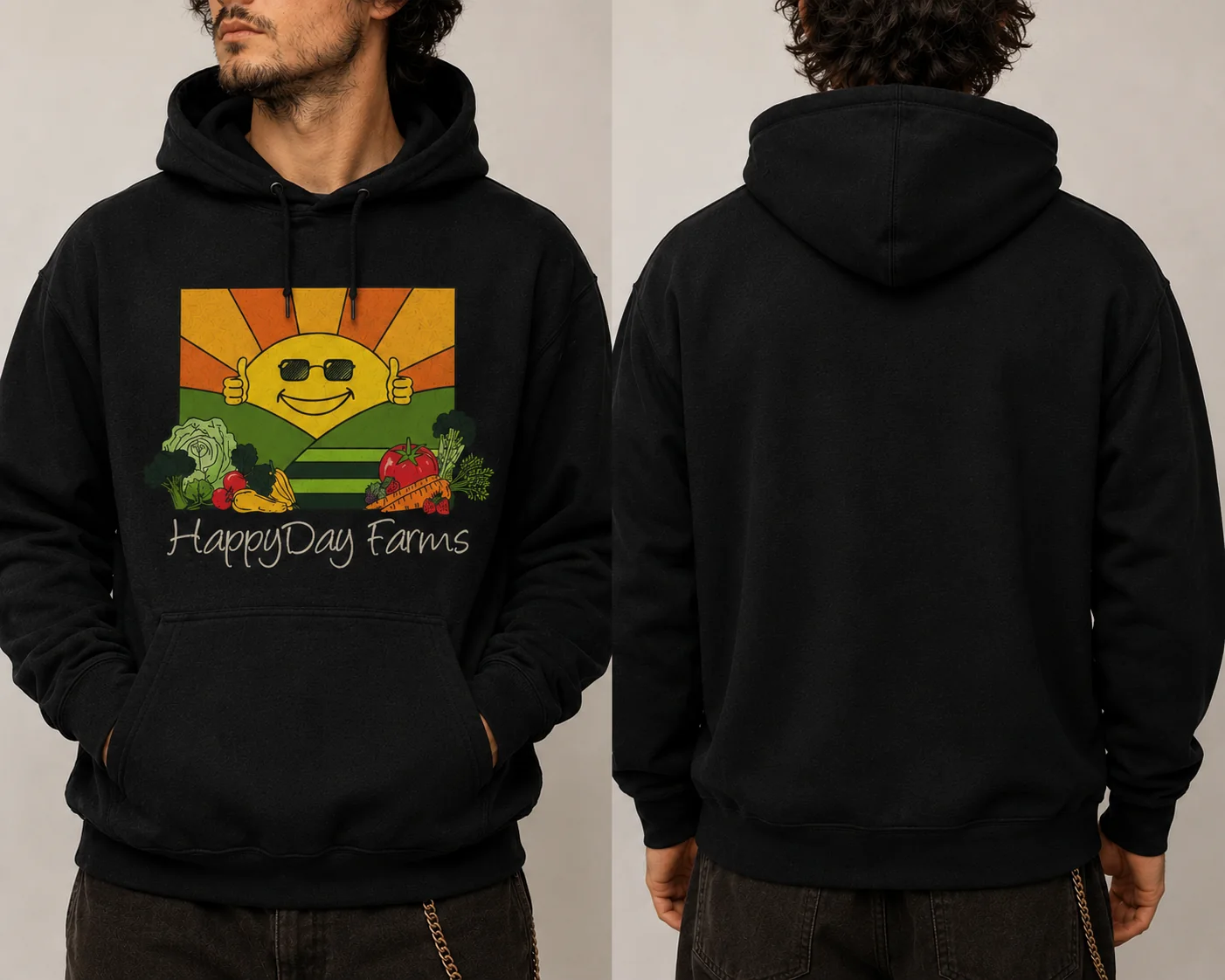 Black HappyDay Farms pullover hoodie on body