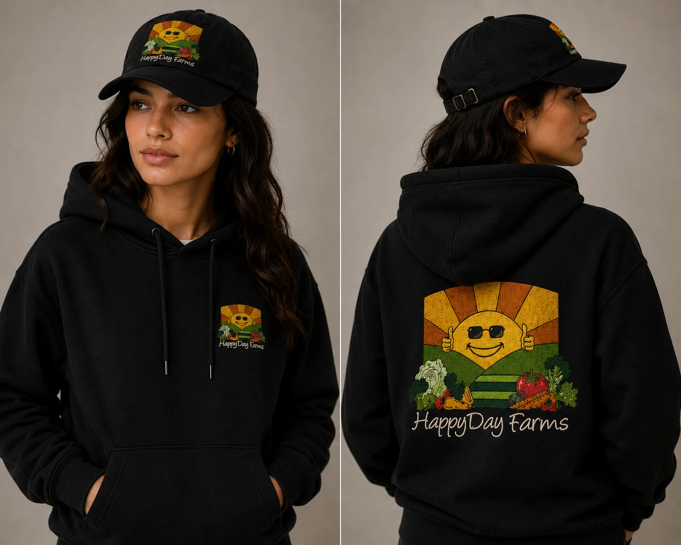 HappyDay Farms hoodie and cap lifestyle view