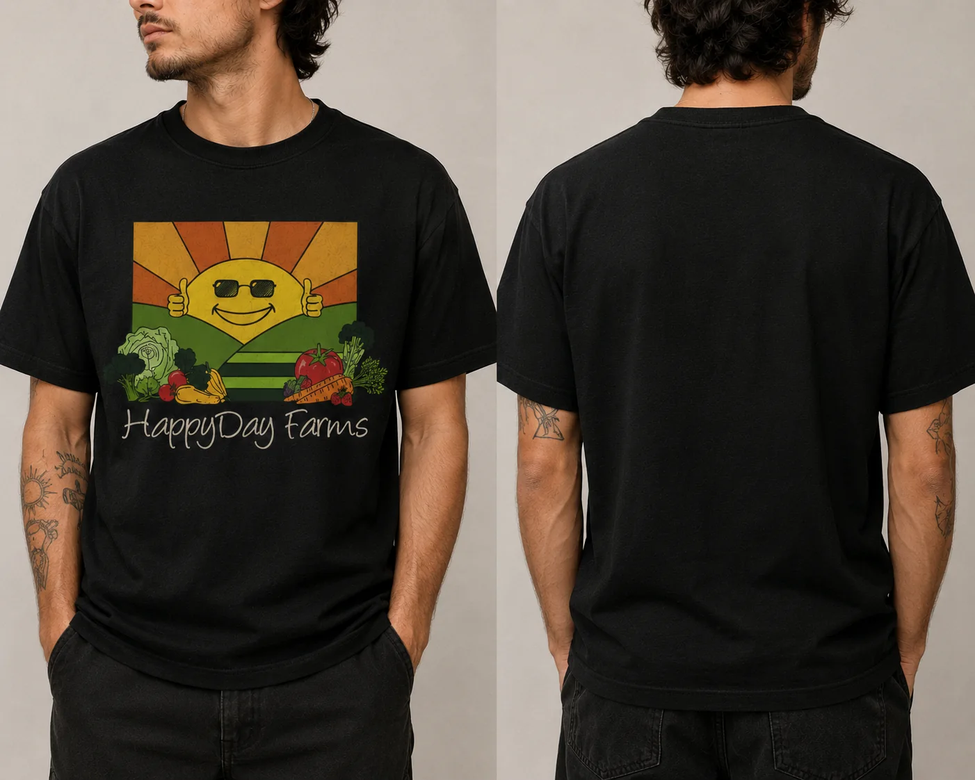 Black HappyDay Farms graphic tee on body