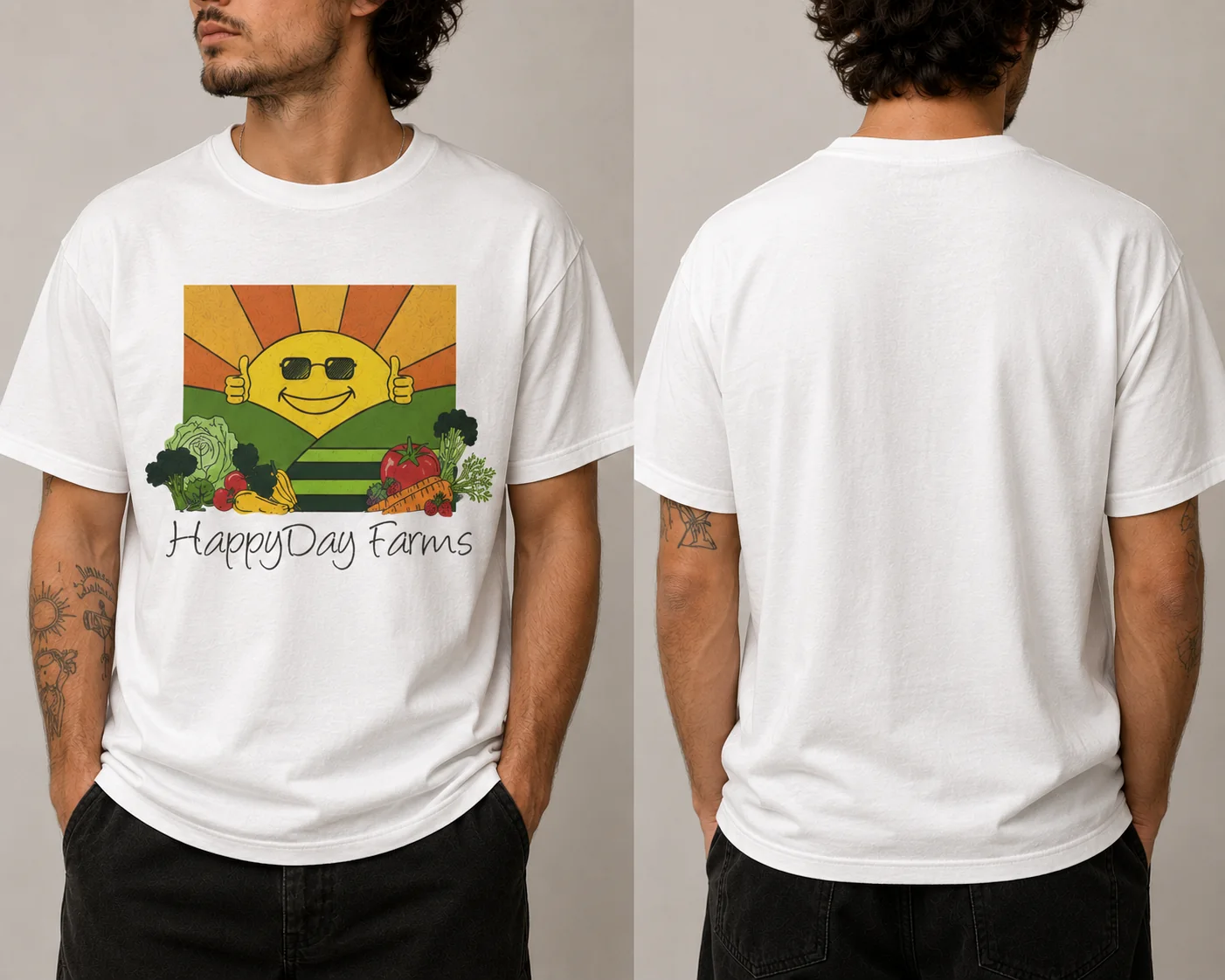 White HappyDay Farms graphic tee on body