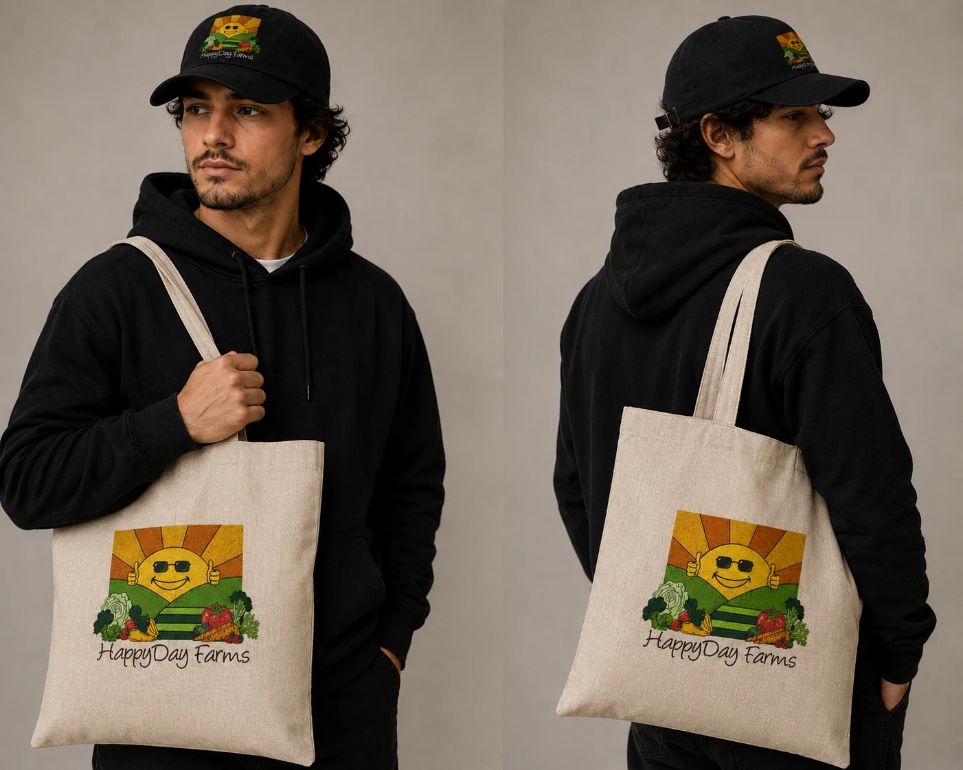 HappyDay Farms market tote styled with black hoodie