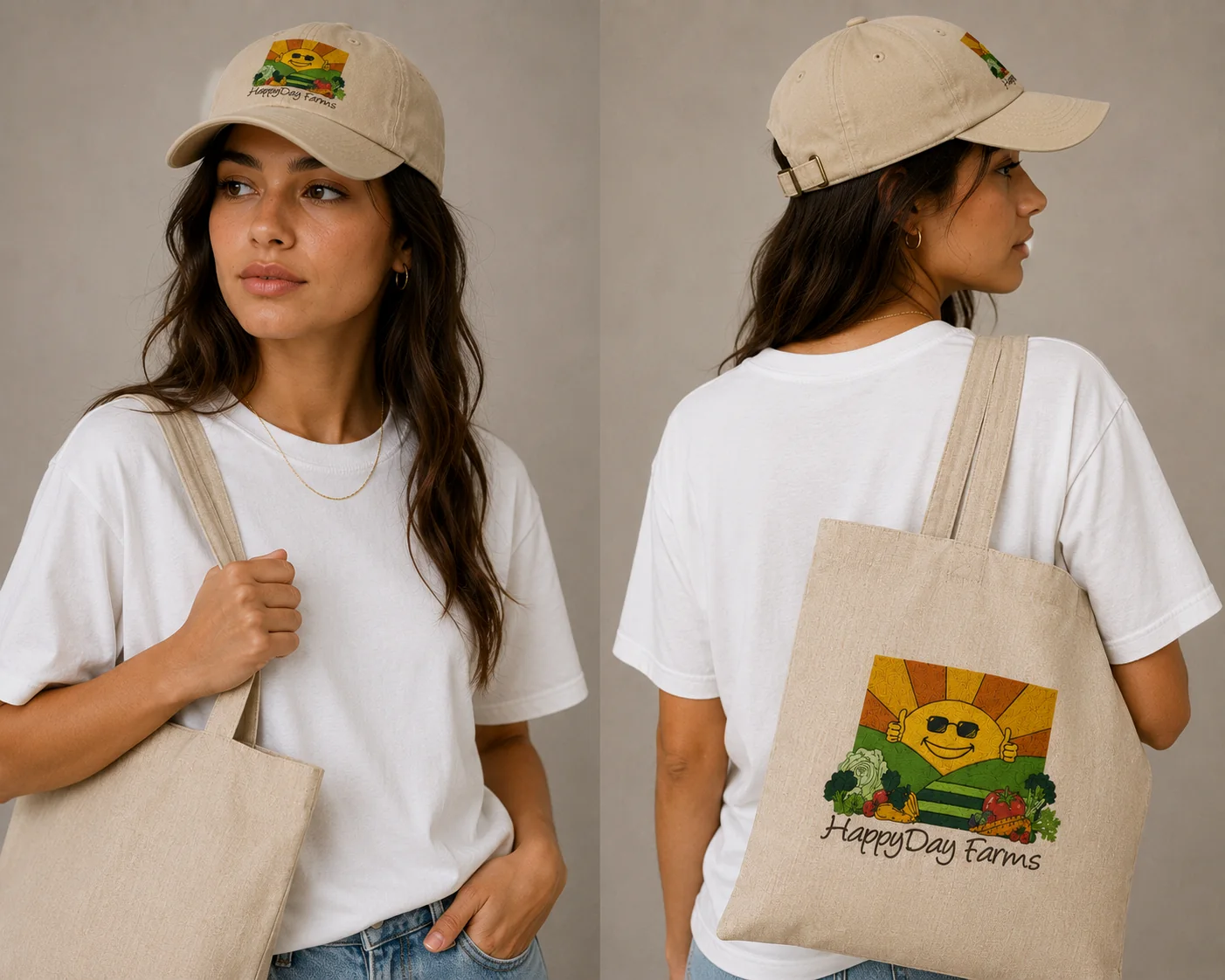 Stone HappyDay Farms cap worn with white tee and market tote